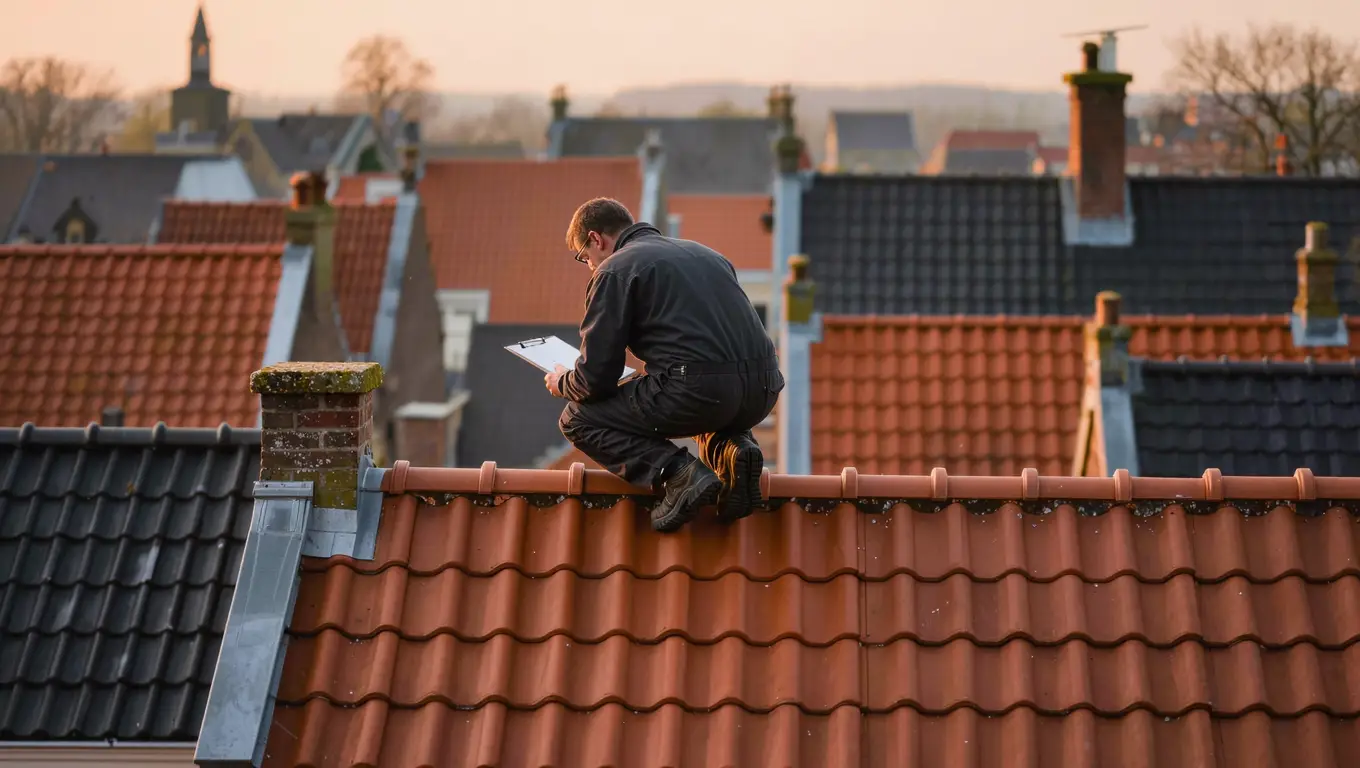 Dakinspecteur controleert de dakpannen van een woning