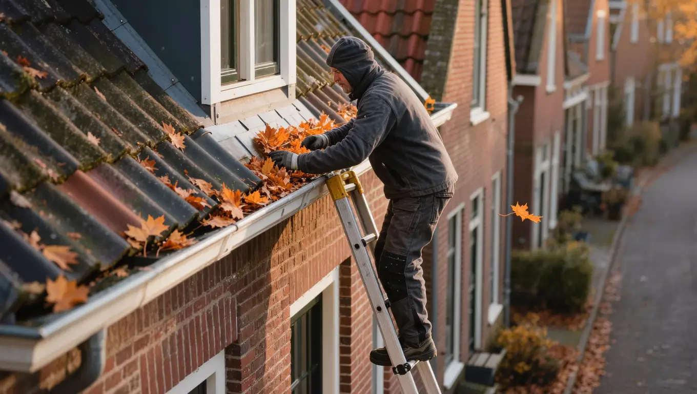 Dakdekker maakt de zinken dakgoot schoon vanaf een ladder