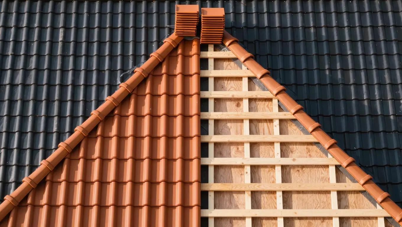 Dakrenovatie in uitvoering: nieuwe terracotta dakpannen naast panlatten en dakfolie