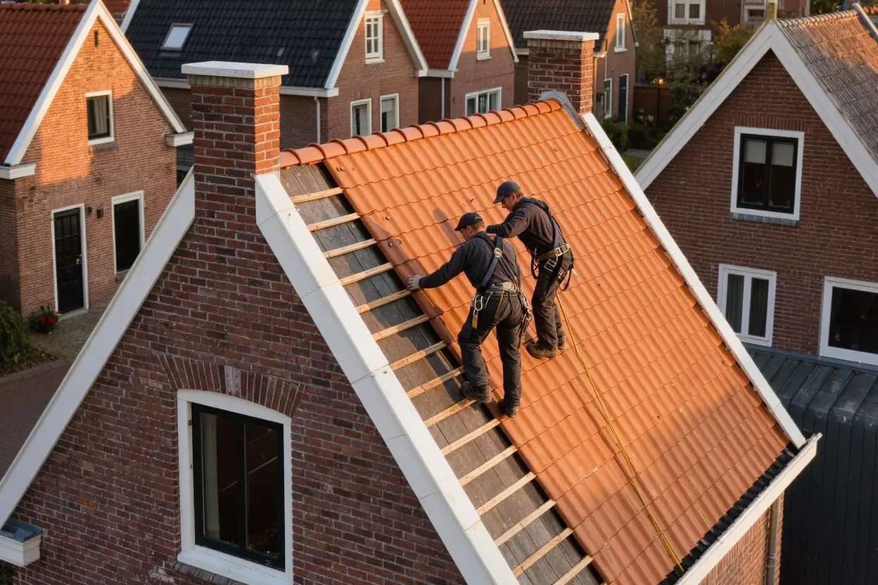 Twee dakdekkers van BBM leggen terracotta dakpannen op een hellend dak